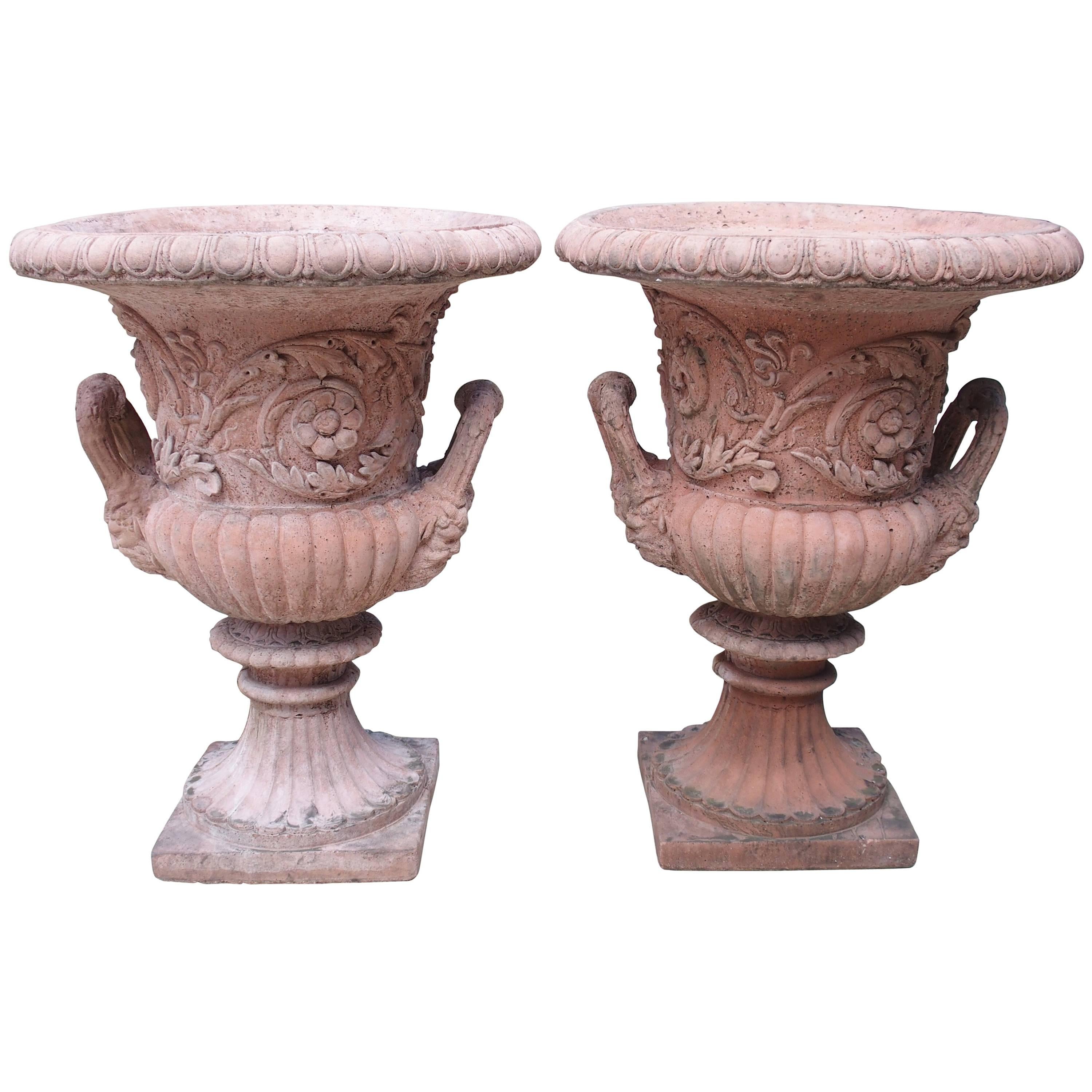 Pair of French Terra Cotta Colored Cast Stone Medici Urns