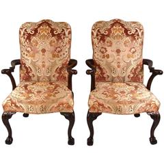 Fine Pair of Beautifully Upholstered Georgian Style Mahogany Open Armchairs