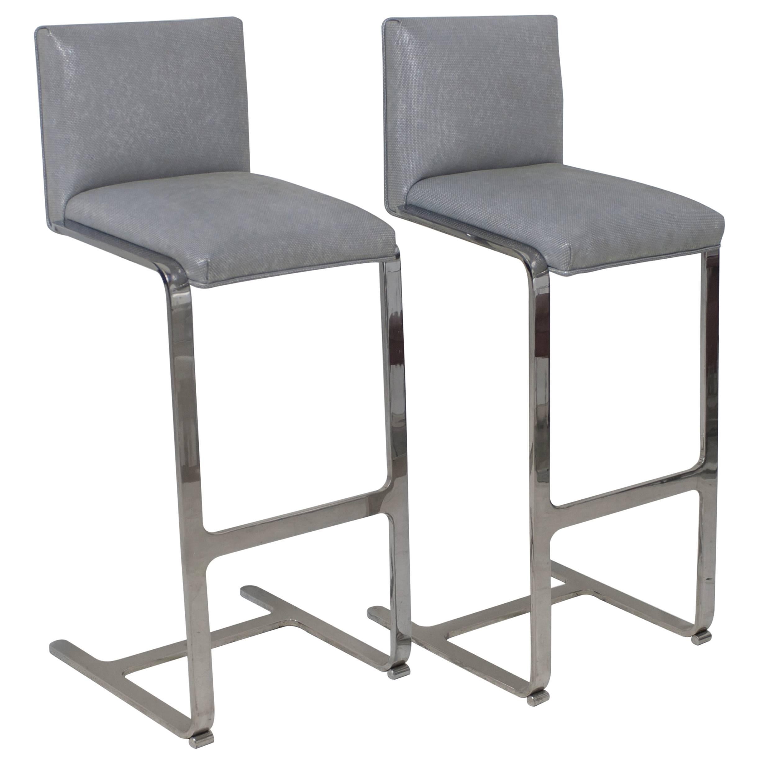 Pair of Bar Height Flat Bar Polished Steel Bar Stools For Sale