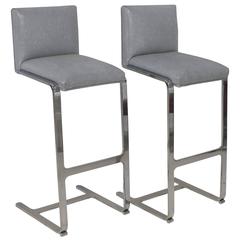 Pair of Bar Height Flat Bar Polished Steel Bar Stools 9