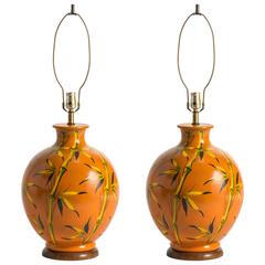 Pair of Italian Ceramic Painted Bamboo Table Lamps 4