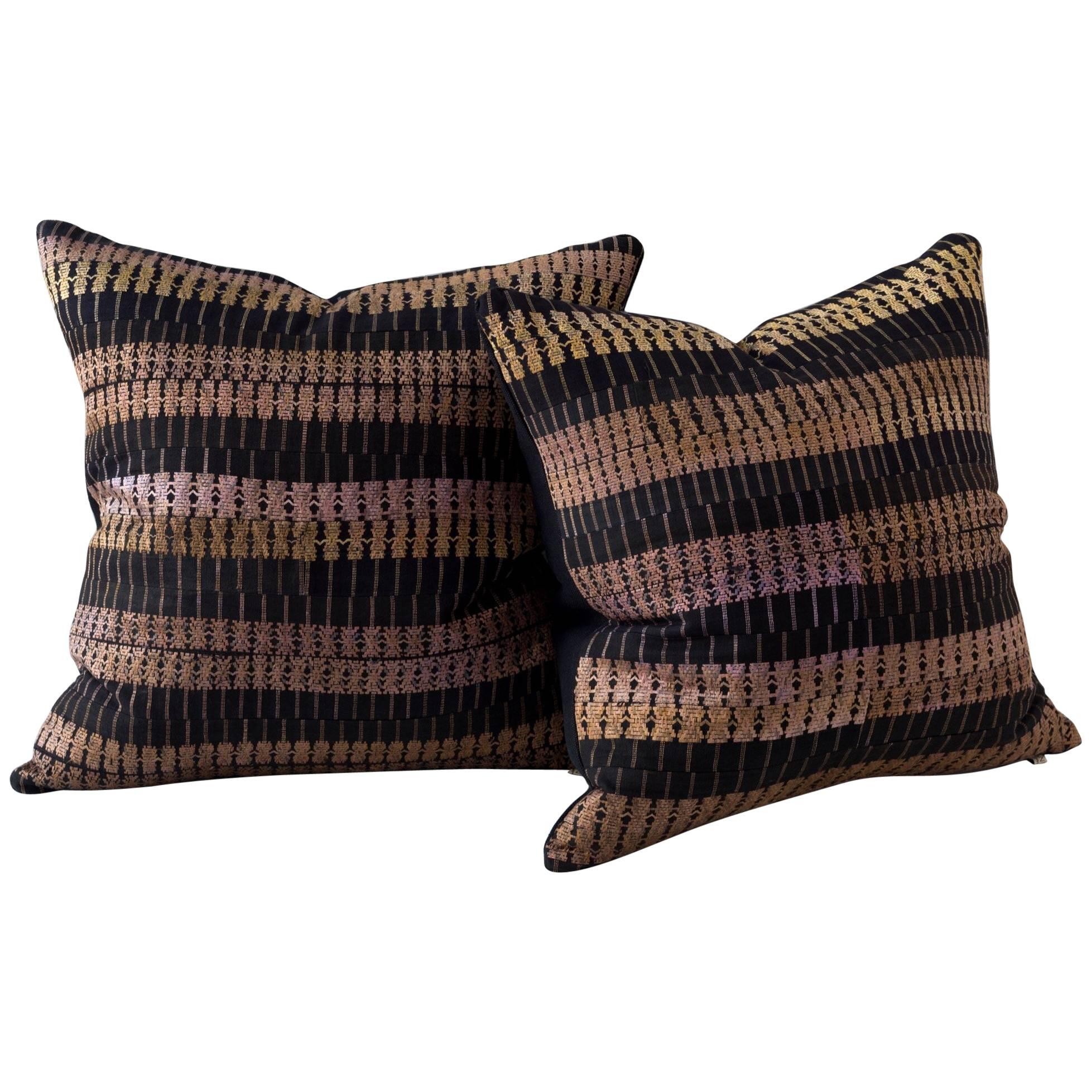 Vintage Black and Gold Stripe, Silk Embroidery Pillow For Sale