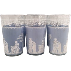 Vintage Greek Goddess Wedgewood Blue Drink Glasses, Set of Six