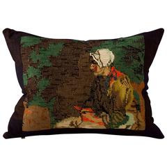 Antique Needlepoint Cushion in Browns and Greens with Orange Accents