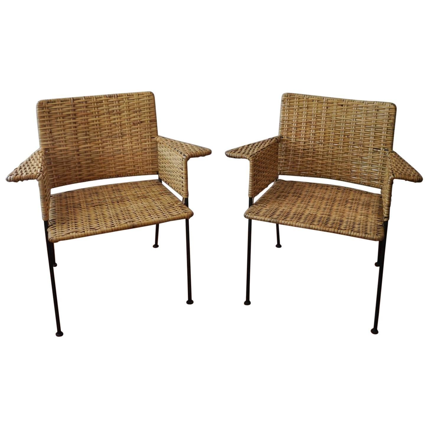 Pair of 1950s Van Keppel Green Iron and Cane Chairs