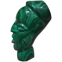 Antique Carved Solid Malachite Head Sculpture