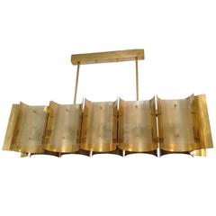 Elongated Italian Half Moon Brass and Frosted Glass Chandelier Elongated Italian Half Moon Brass and Frosted Glass Chandelier