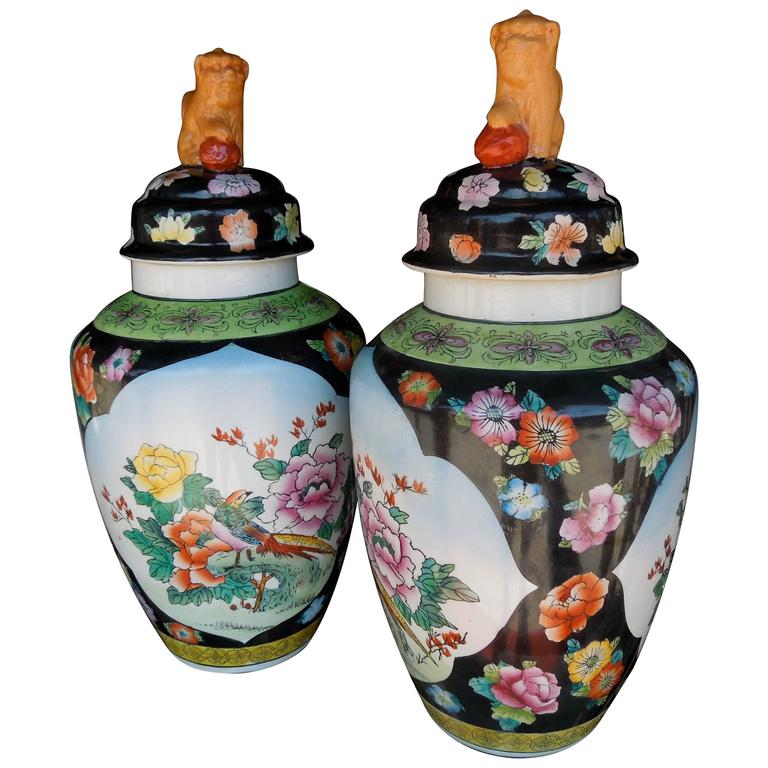 Pair of 20th Century HandPainted Chinoiserie Foo Dog Ginger Jars For Sale at 1stdibs