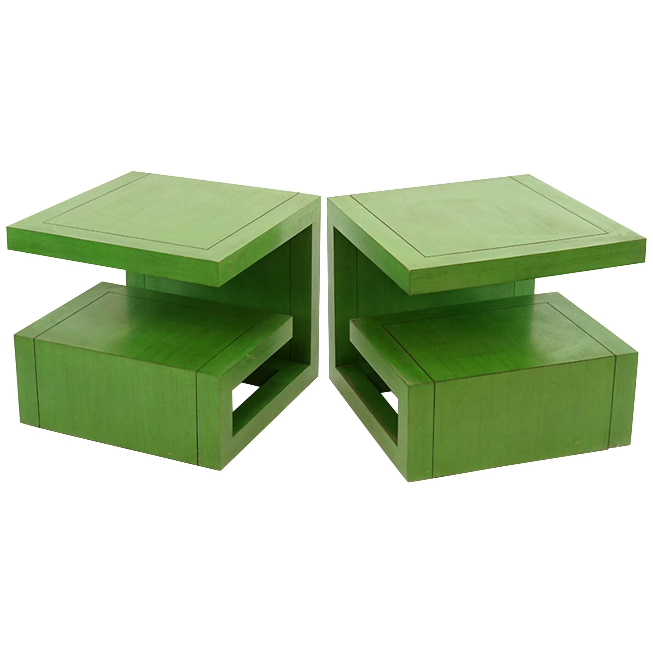 Very Chic Pair of Apple Green Greek Key Form Side Tables or Coffee Tables