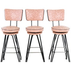 Set of Three Kitch Mid-Century Bar Stools with Pink Upholstery, Black Piping