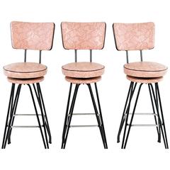 Set of Three Kitch Mid-Century Bar Stools with Pink Upholstery, Black Piping