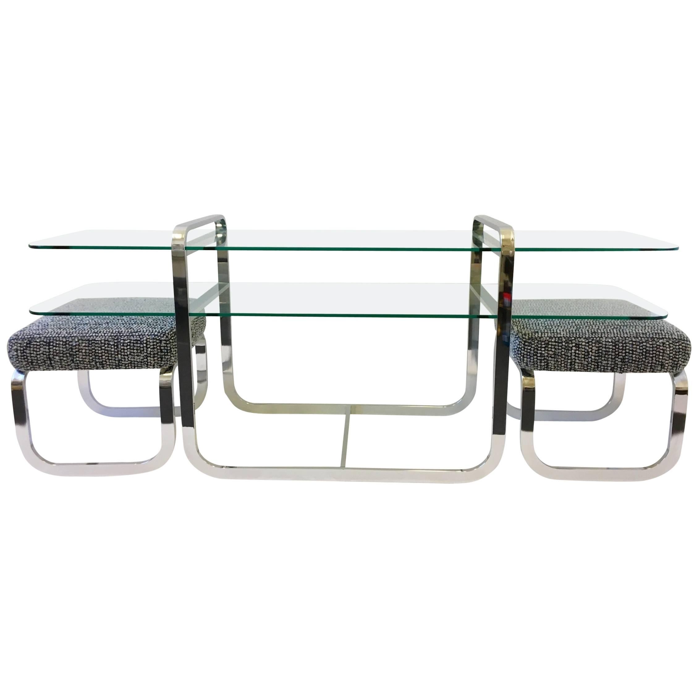 Chrome and Glass Console Table and Pair of Ottomans by DIA
