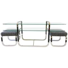 Chrome and Glass Console Table and Pair of Ottomans by DIA