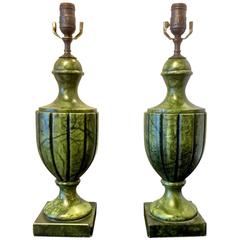 Pair of Green Carved Urn-Form Alabaster Lamps