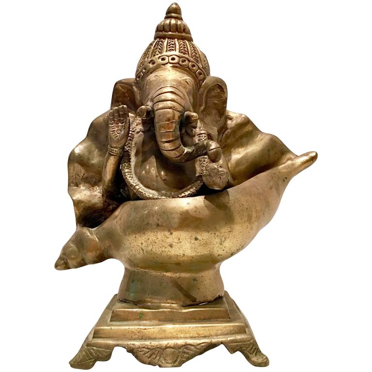 Vintage Solid Brass "Good Luck" Elephant Buddha In A Shell Sculpture