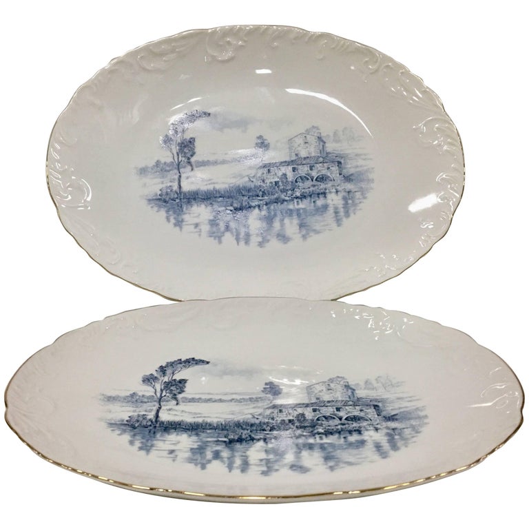 Vintage Portugal Pair of Ceramic Blue and White Oval Serving Platters