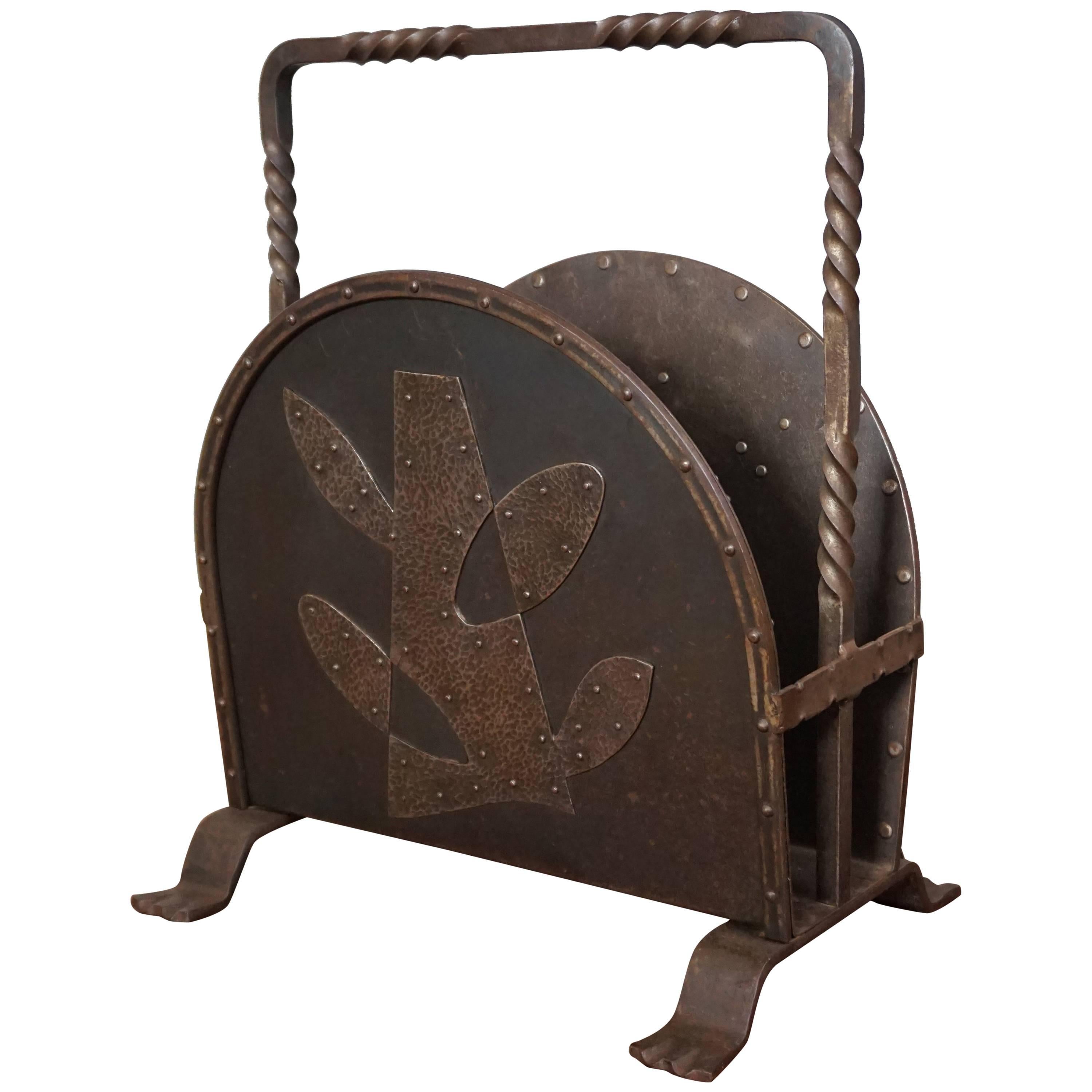 Unique Mid-Century Hand-Forged Wrought Iron Magazine Stand with Stylized Tree For Sale