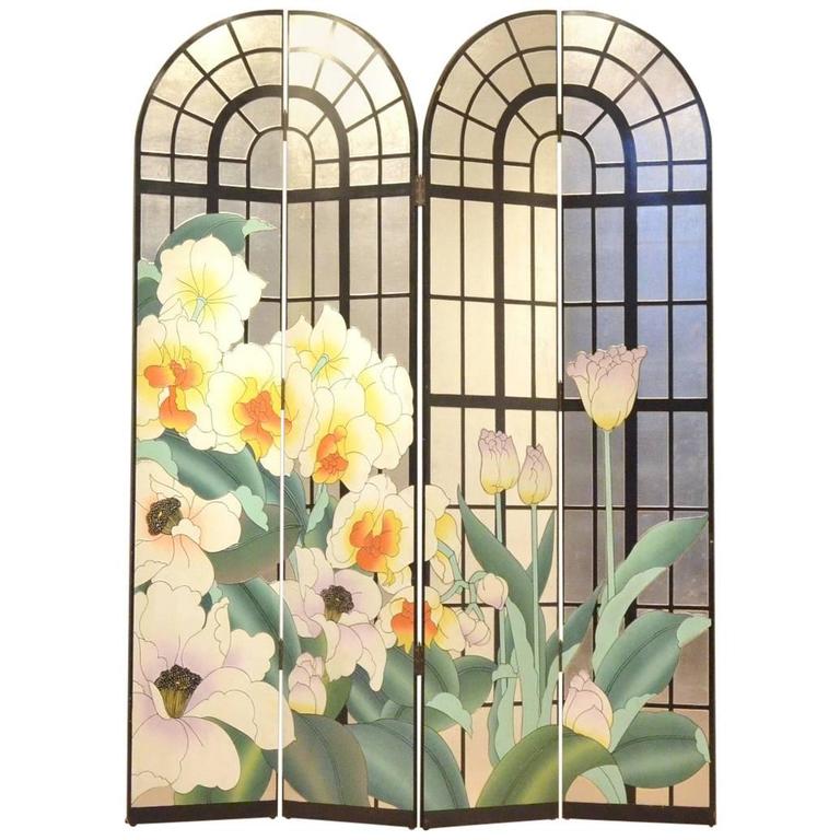 French MidCentury Design Multicolor Painted Floral Room Divider