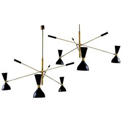 Elegant Pair of Black and Brass Adjustable Three-Arm Triennale Style Chandelier 7