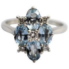 Vintage Fine Aquamarine and Diamond Cluster Ring