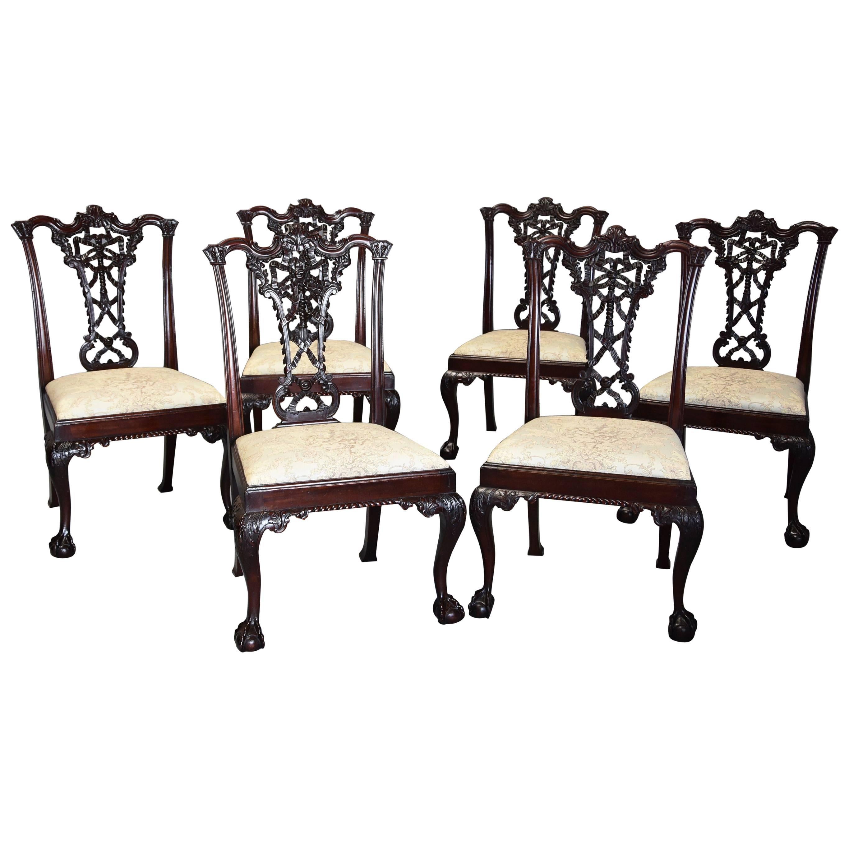 Early 20th Century Set of Six Mahogany Ribbon Back Chairs in Chippendale Style