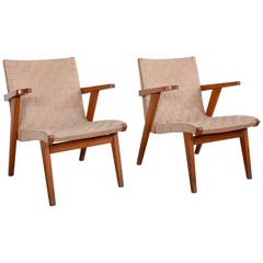 Pair of Jens Risom Lounge Arm Chairs in Solid Oak for Knoll, France