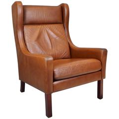 Mid-Century Retro Danish Brown Leather Borge Mogensen Style Wingback Armchair