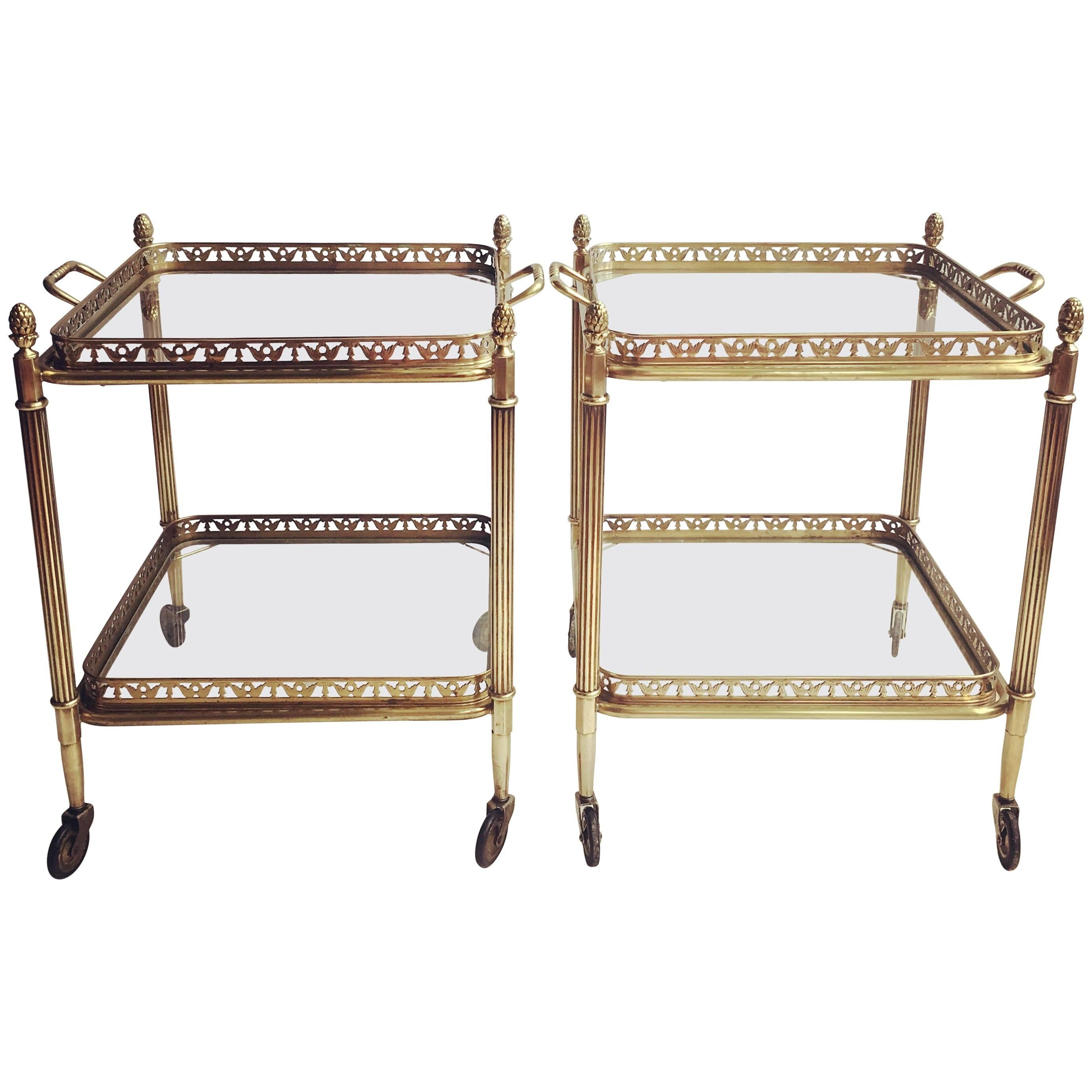 Pair of Vintage French Brass Side Tables or Trolleys Bar Carts