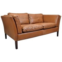 Mid-Century Vintage Vintage Danish Tan Brown Leather Two-Seat Sofa Couch