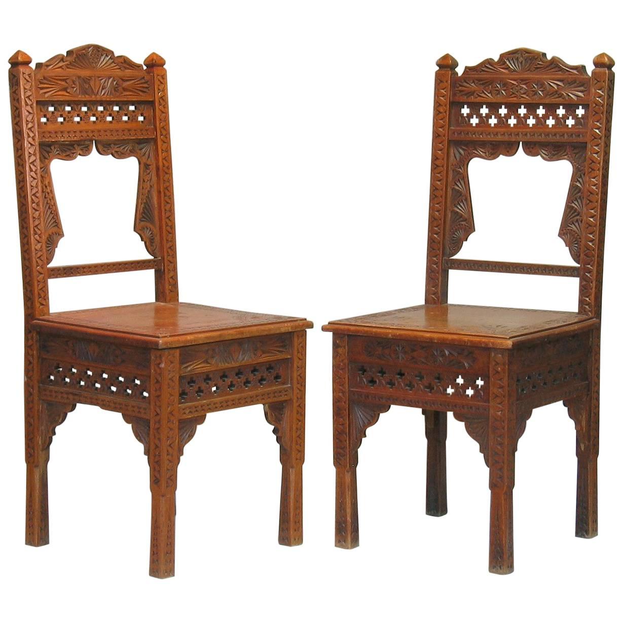 Pair of Middle Eastern Carved Hardwood Side Chairs