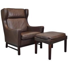 Mid-Century Retro Danish Brown Leather Børge Mogensen Style Lounge Chair & Stool