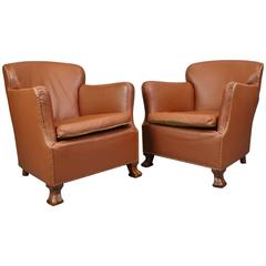 ‘1 of 2’ French Art Deco Mid-Century Vintage Tan Brown Leather Lounge Club Chair
