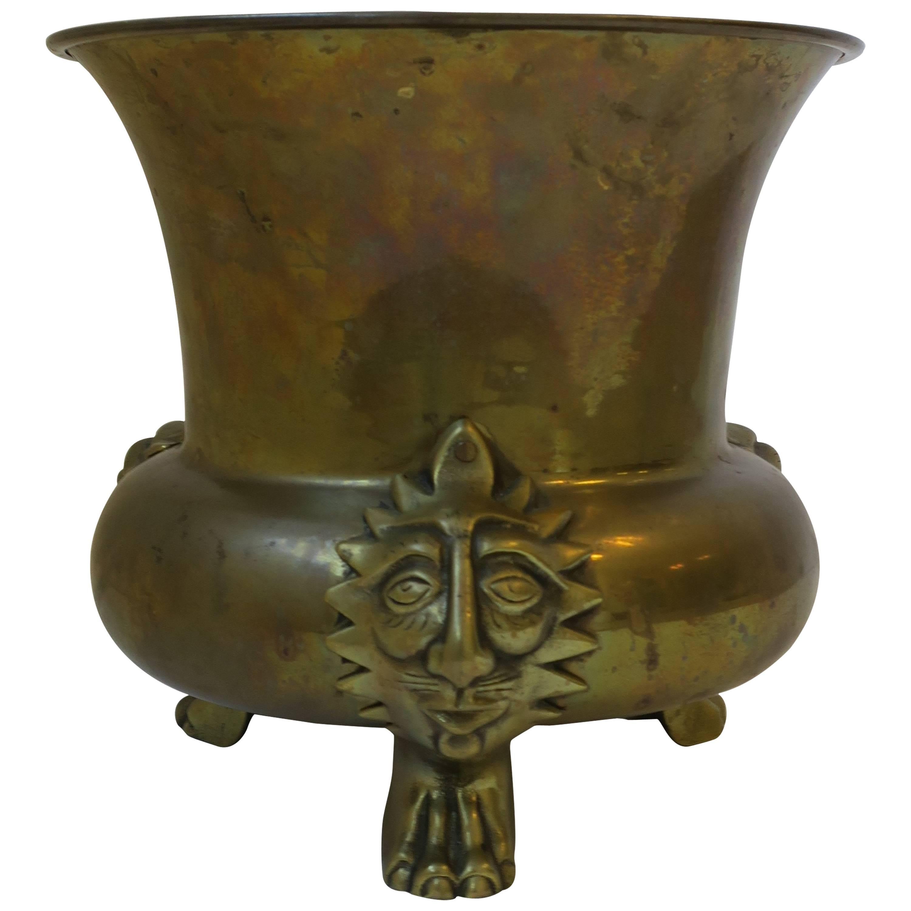 English Brass Plant Pot Holder Cachepot with Lion Head and Paw Feet