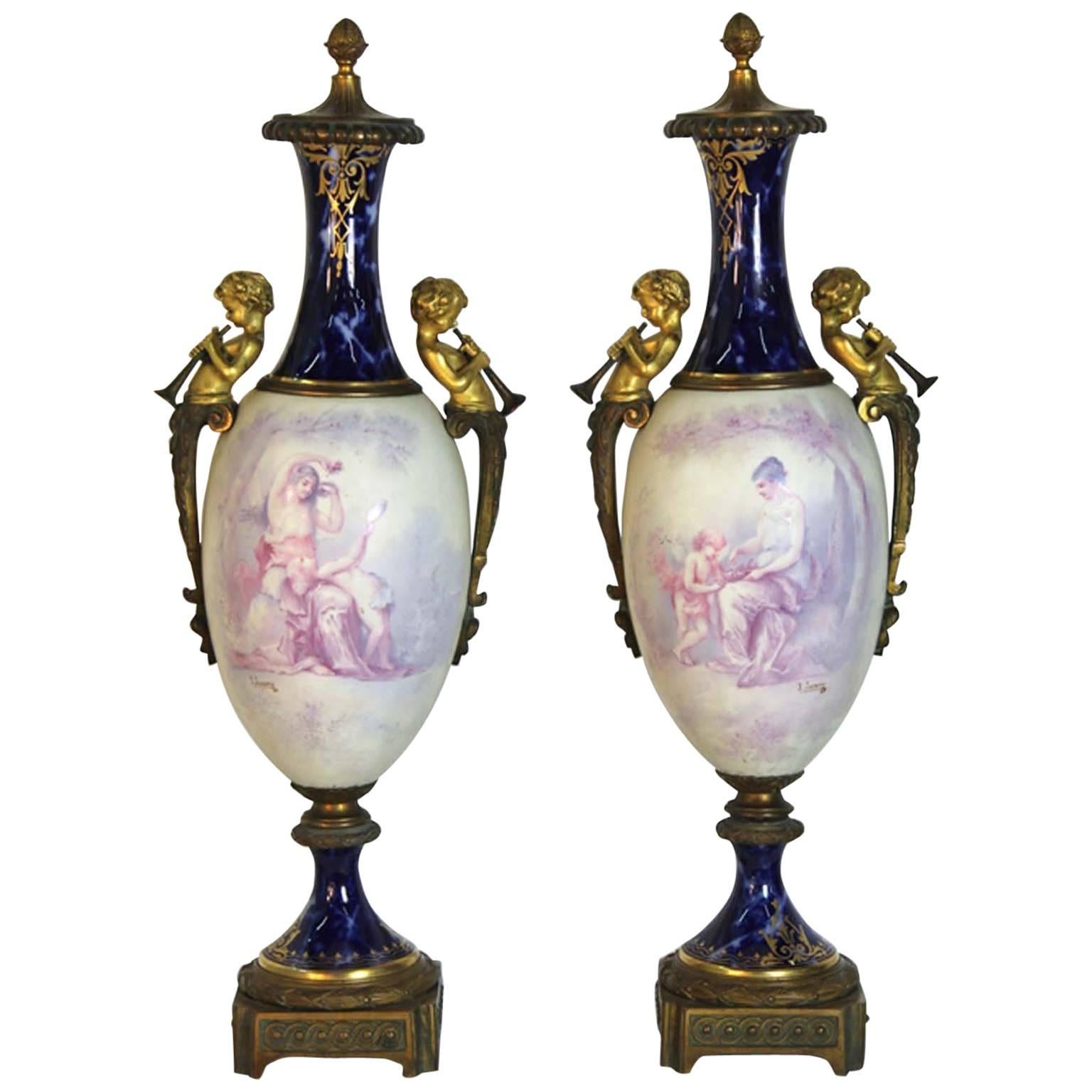 Antique French Figural Bronze Sevres Marbleized Urn For Sale