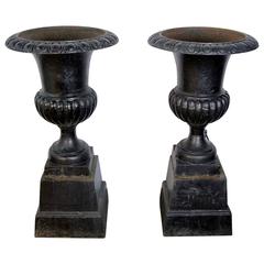 Pair of Monumental Cast Iron Campana Garden Urns on Pedestals