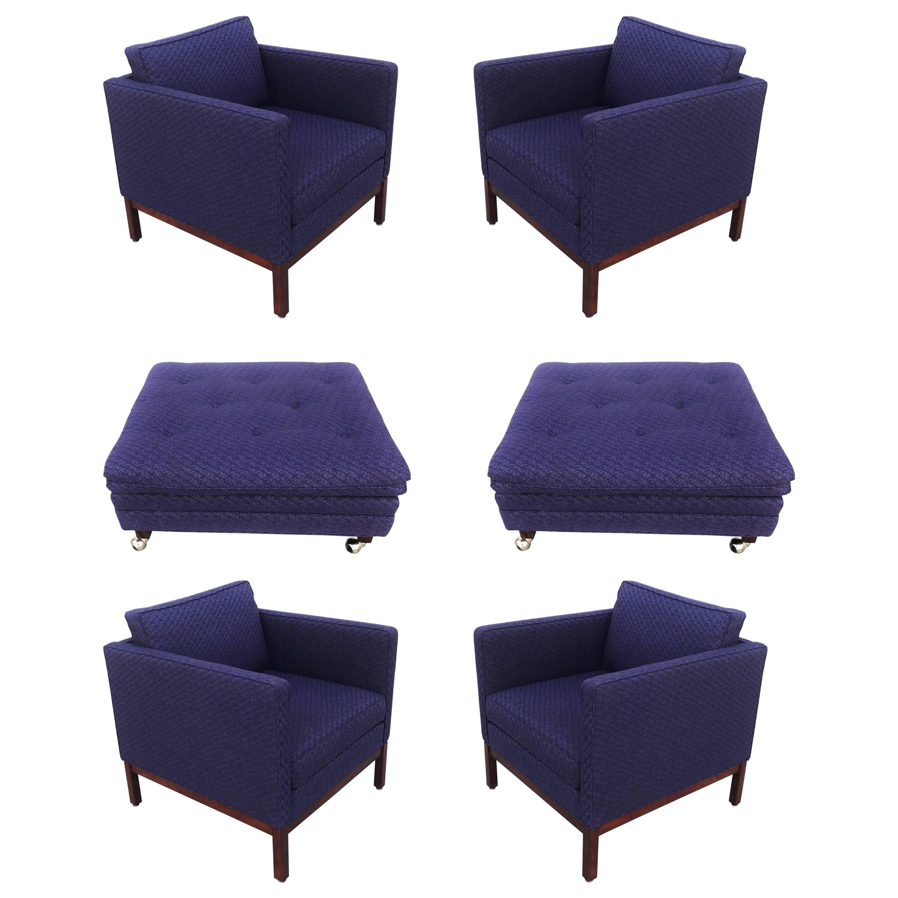 Set of Four Florence Knoll Style Lounge Chairs, Two Ottomans with Wood Bases For Sale