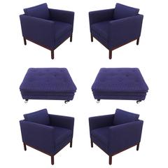 Set of Four Florence Knoll Style Lounge Chairs, Two Ottomans with Wood Bases