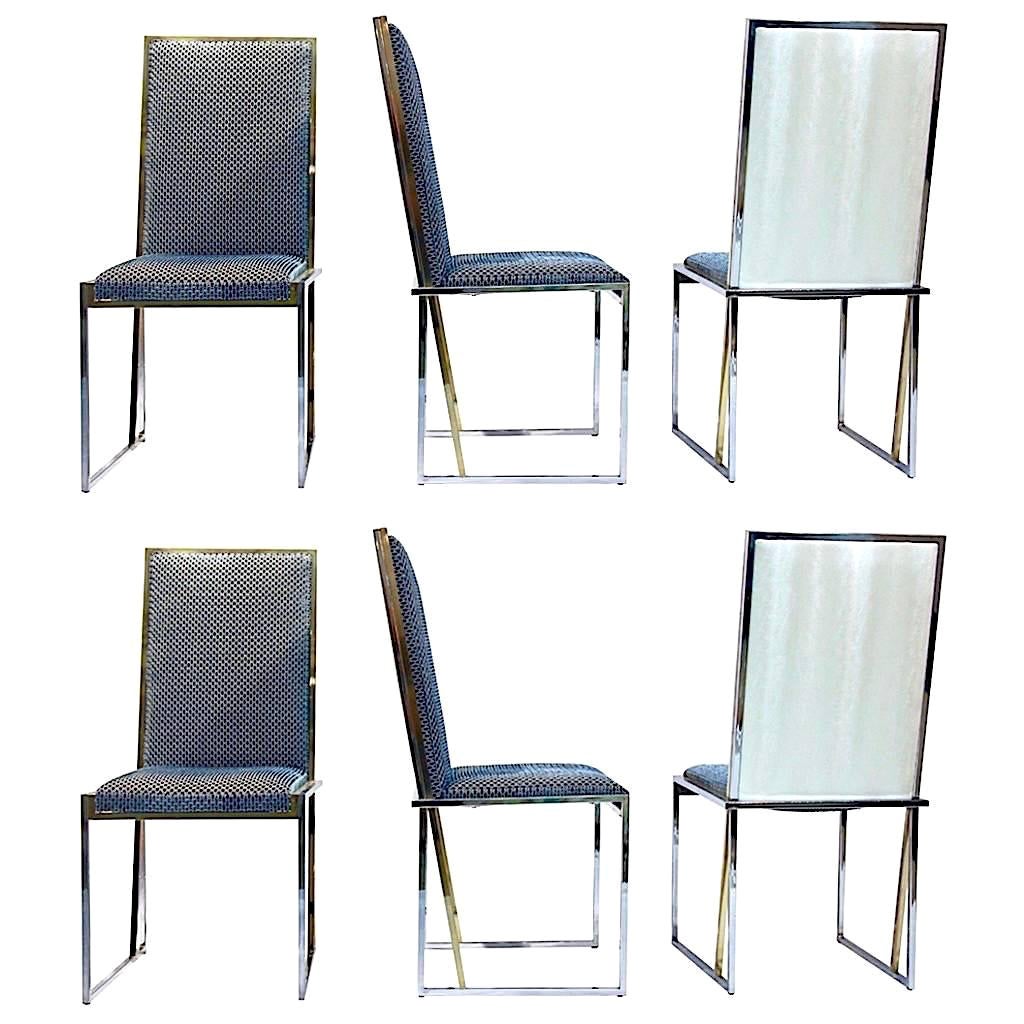 Liwan's 1970s Italian 6 Blue & Satin White Fabric Brass & Chrome Modern Chairs