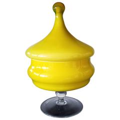 Vintage Italian Empoli Mid-Century Glass Yellow Compote and Cover