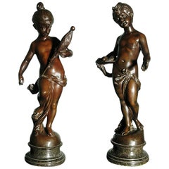 Pair of 19th Century Signed Bronze Statues of Cherubic Girls, Alios Mayer