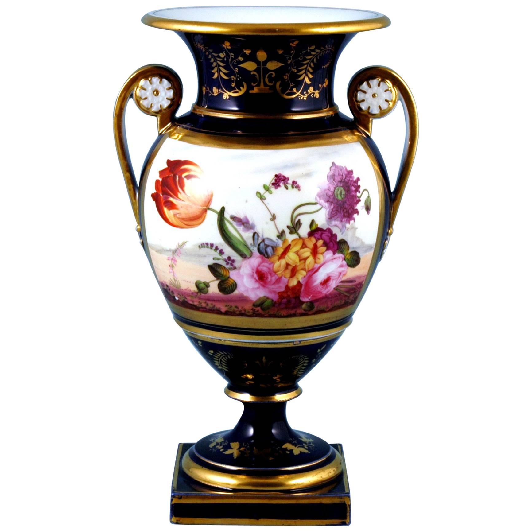 English Porcelain Botanical Blue Ground Vase, Coalport, circa 1825