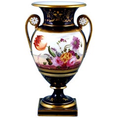 English Porcelain Botanical Blue Ground Vase, Coalport, circa 1825