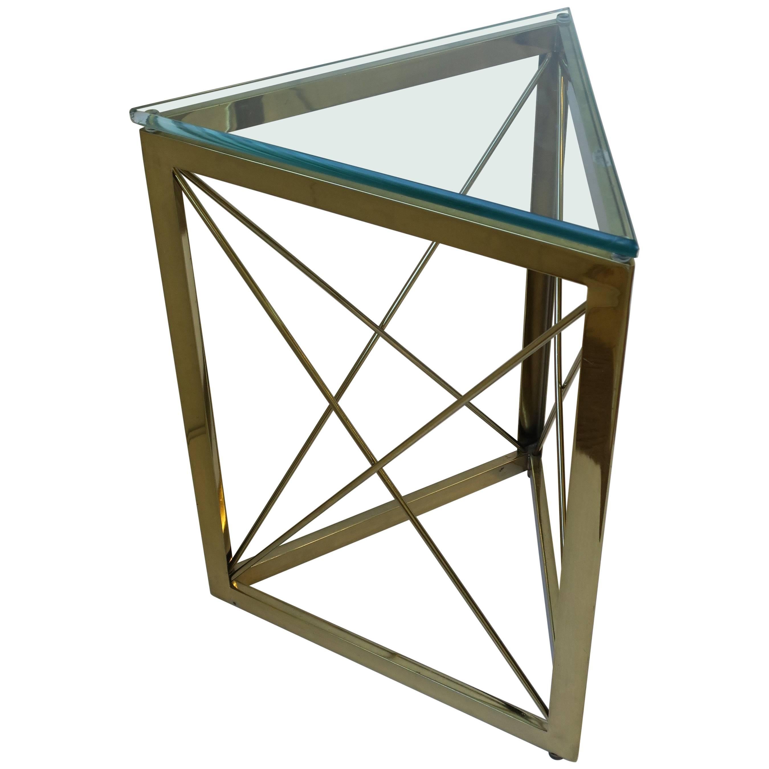 Modern Triangle Brass and Glass Side or Drinks Table