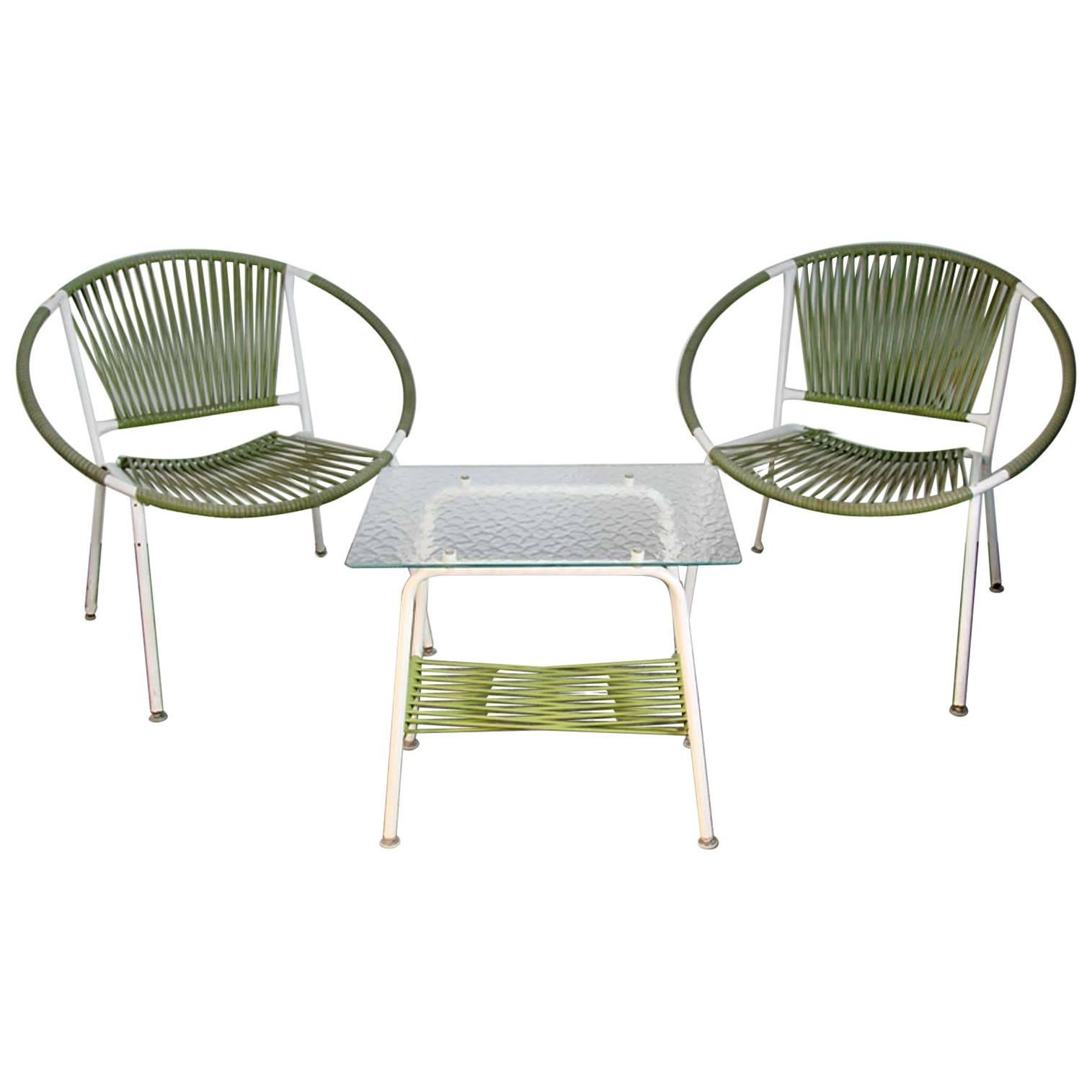 Modernist Pair of Hoop Chairs with Pebble Glass Snack Table Patio Set For Sale