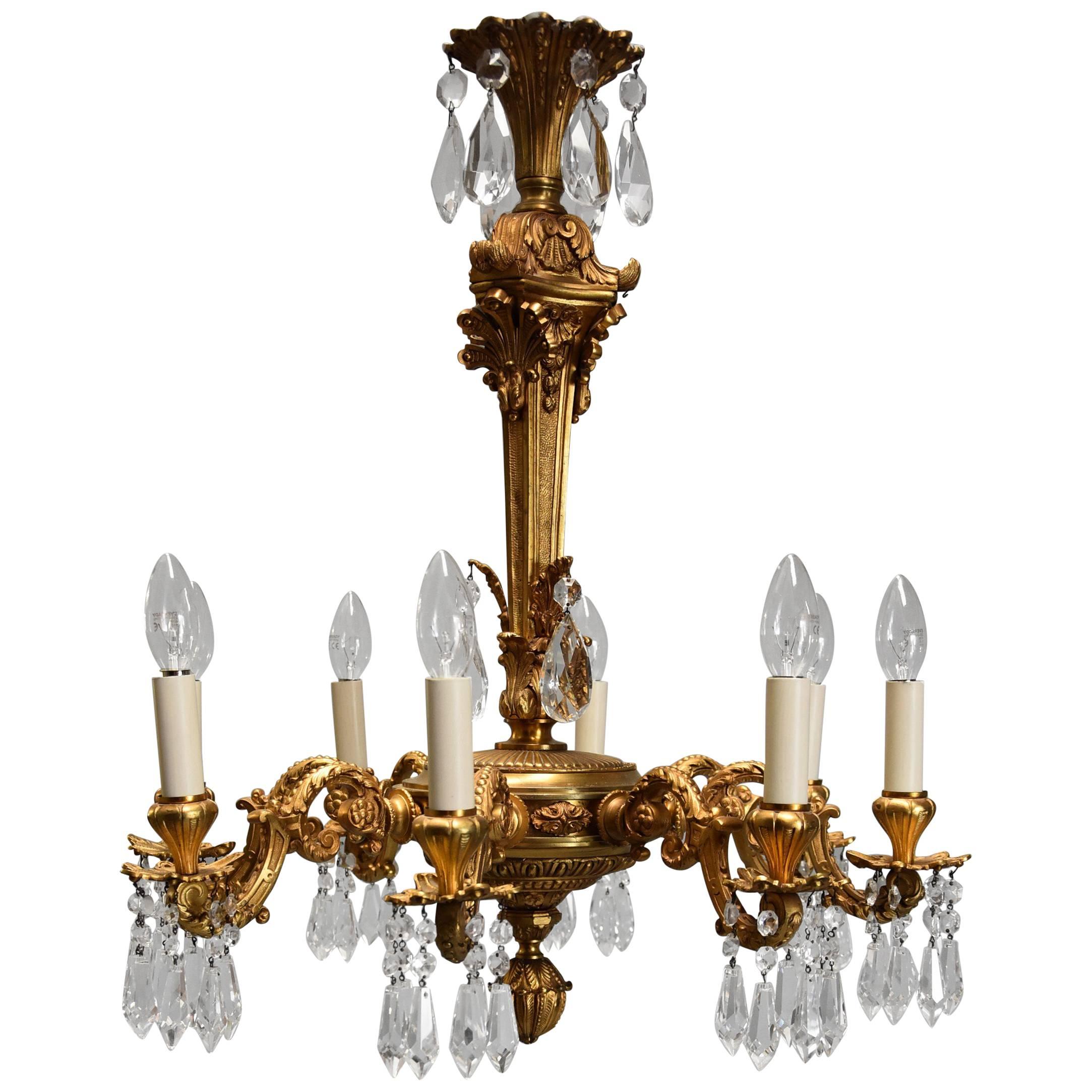 Fine Quality French Eight-Branch Ormolu and Cut Glass Chandelier For Sale