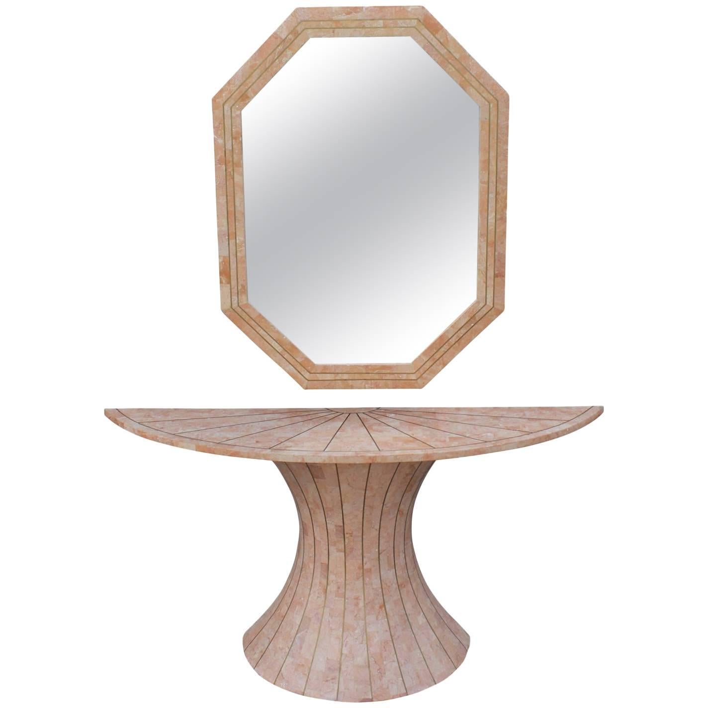 Modern Maitland Smith Tessellated Marble Console Table with Brass Inlay & Mirror