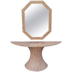 Modern Maitland Smith Tessellated Marble Console Table with Brass Inlay & Mirror