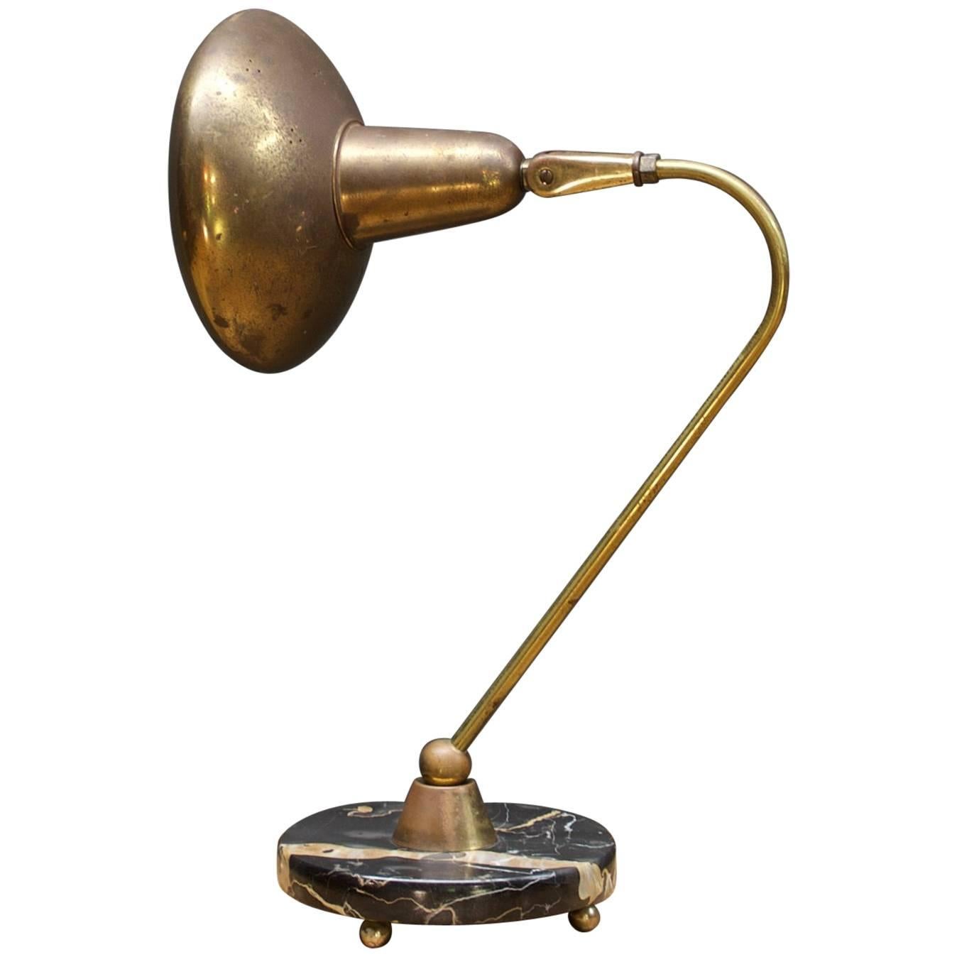 Classic Mid-Century Brass Table Lamp on Gold Ribbon Black Marble Base