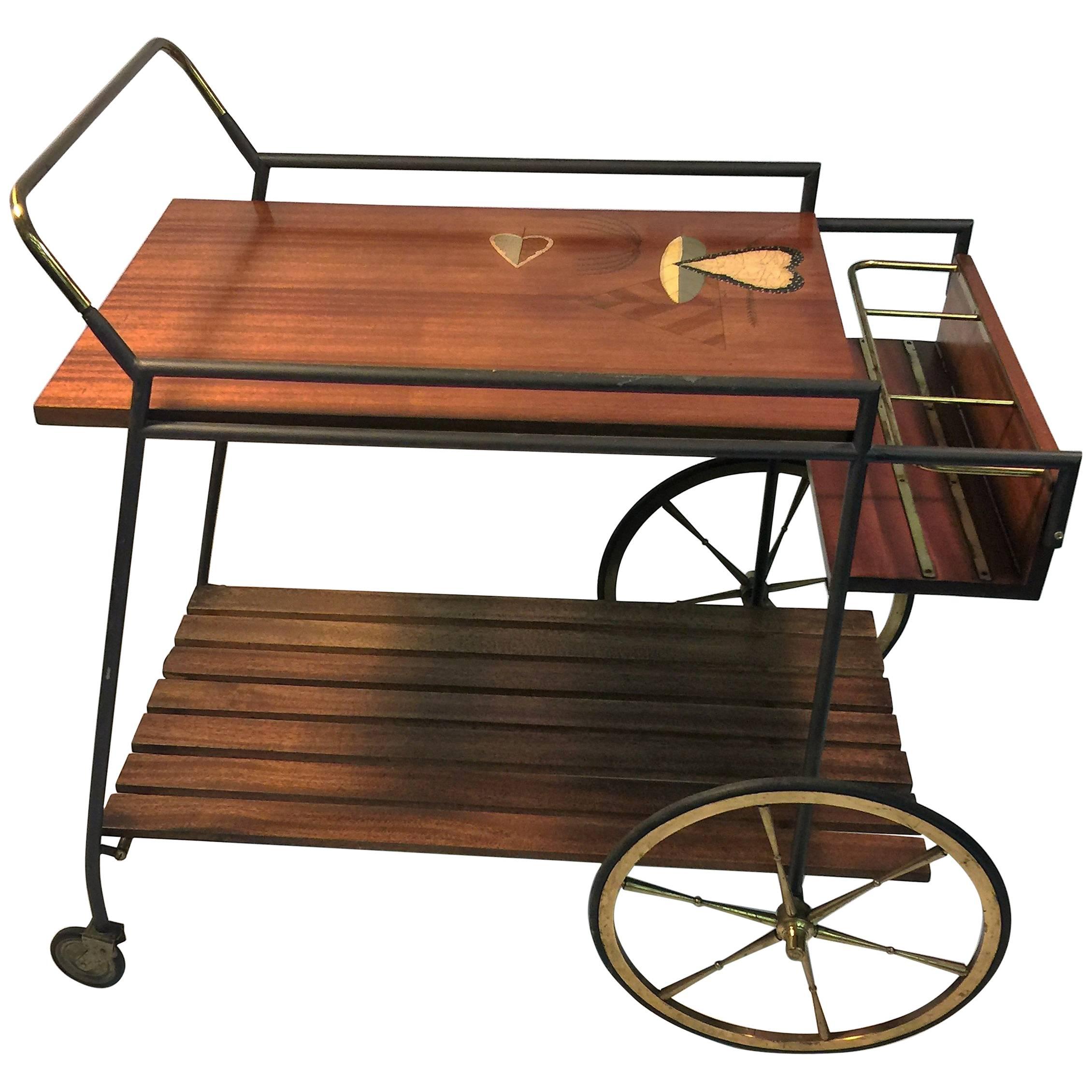 Fantastic Signed Fornasetti Style Italian Mid-Century Wood and Brass Bar Cart For Sale