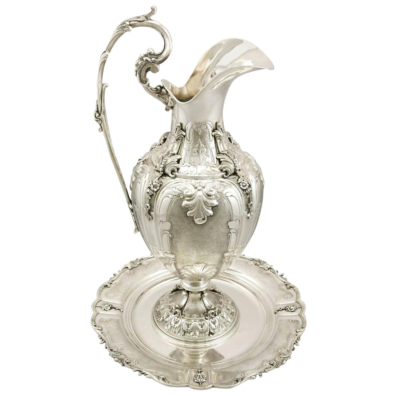 Vintage 1950s Italian Silver Wine Ewer and Presentation Plate For Sale